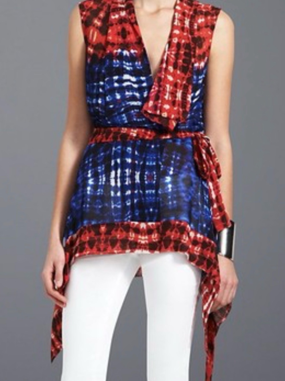 BCBGMaxAzria Red & Blue Tie-Dye Wrap Top